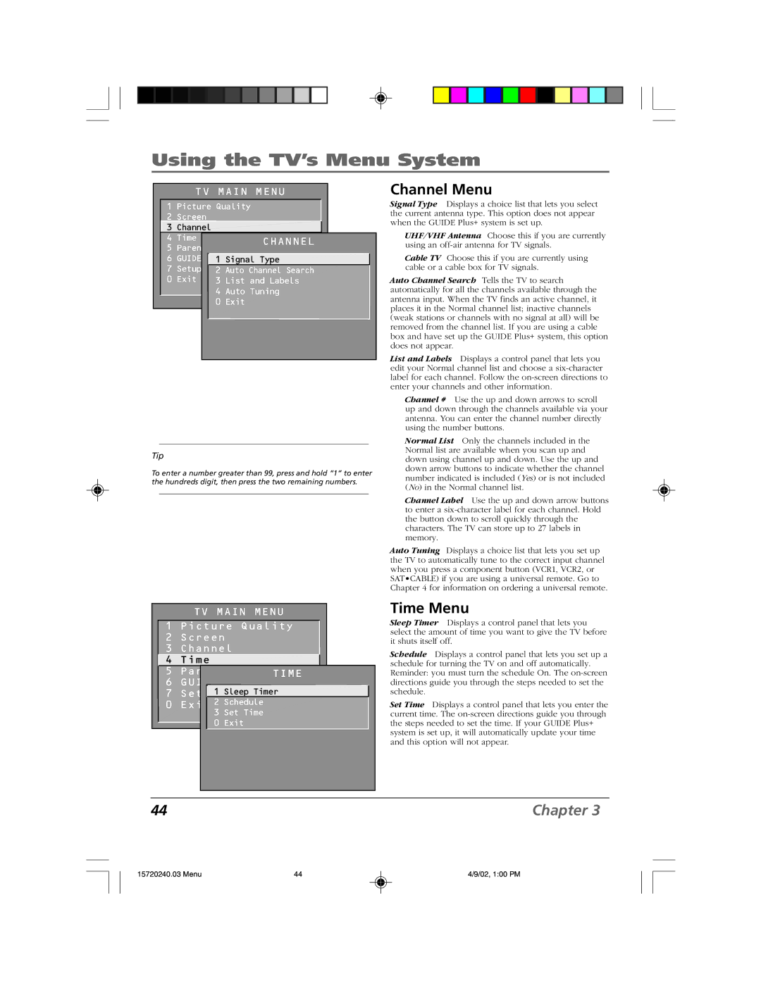 RCA F19426 manual Channel Menu, Time Menu 