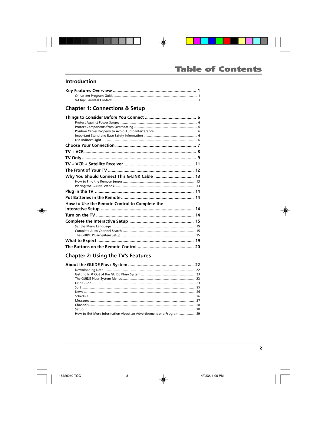 RCA F19426 manual Table of Contents 