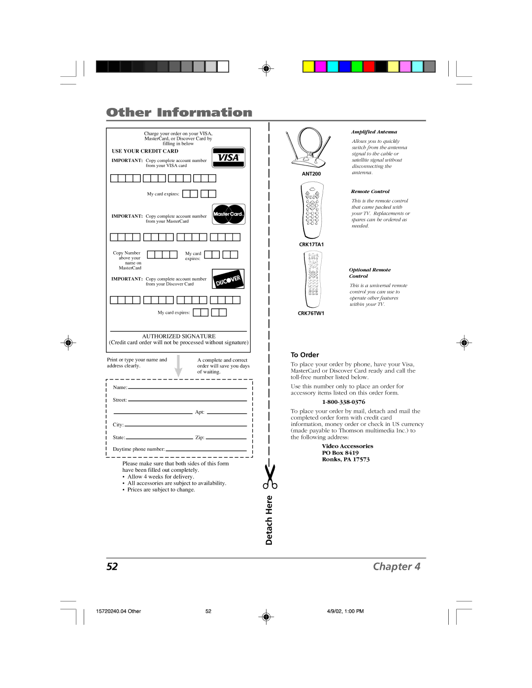 RCA F19426 manual To Order, USE Your Credit Card 