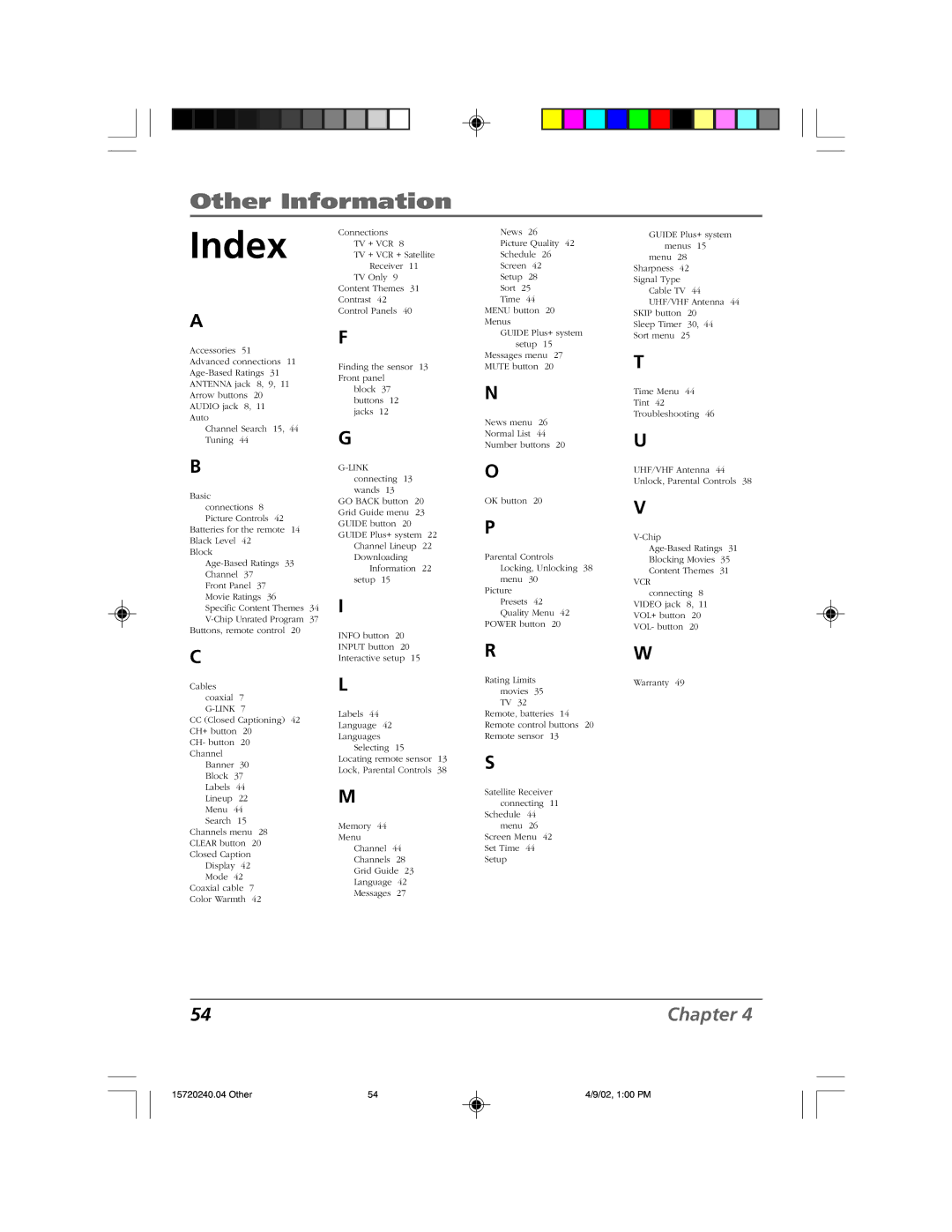 RCA F19426 manual Index 