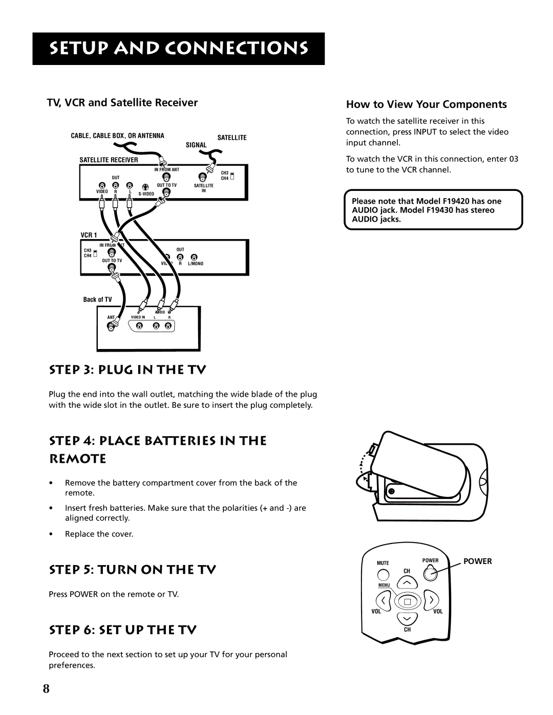 RCA F19430 manual Plug in the TV, Place Batteries Remote, Turn on the TV, SET UP the TV 