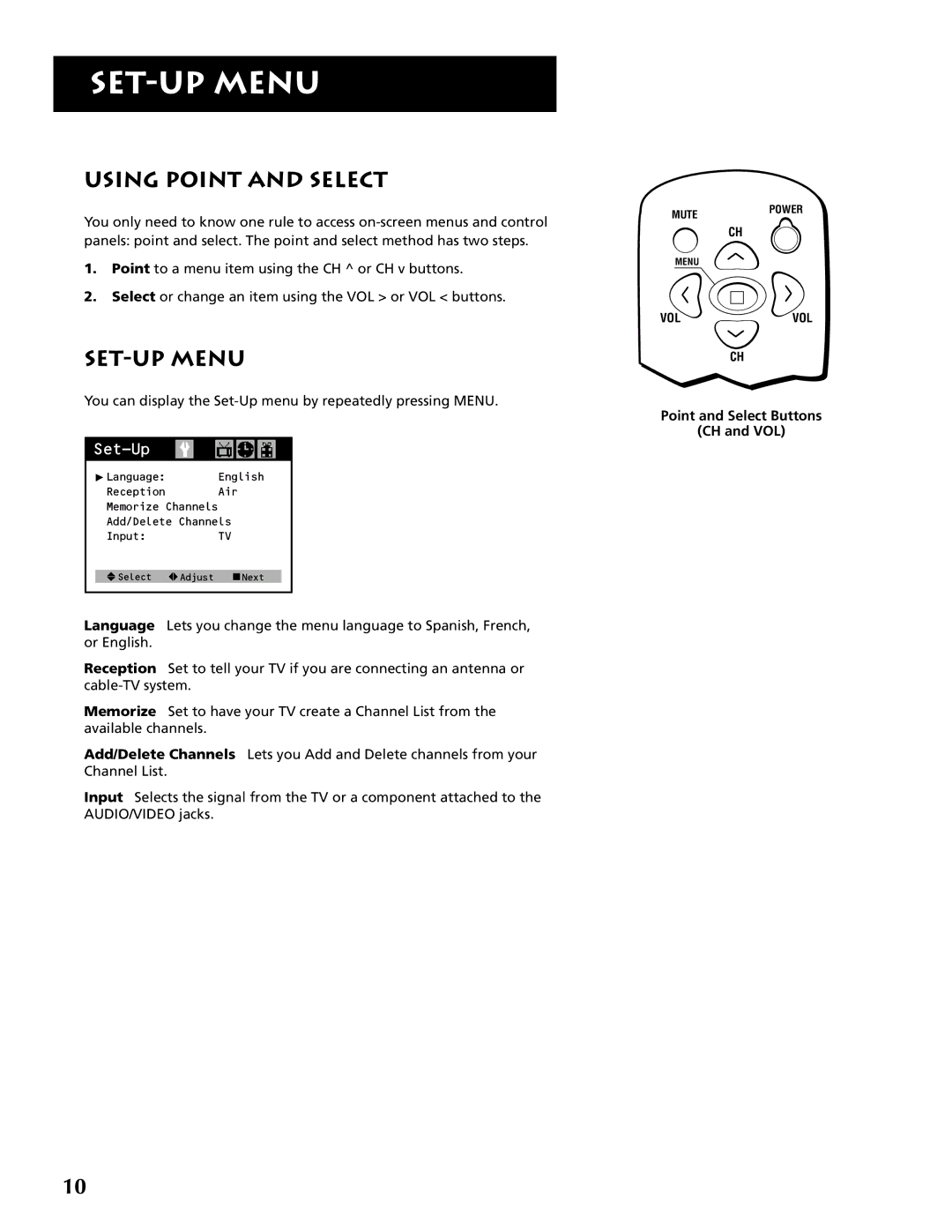 RCA F19430 manual Using Point and Select, SET-UP Menu, Set-Up, Point and Select Buttons CH and VOL 