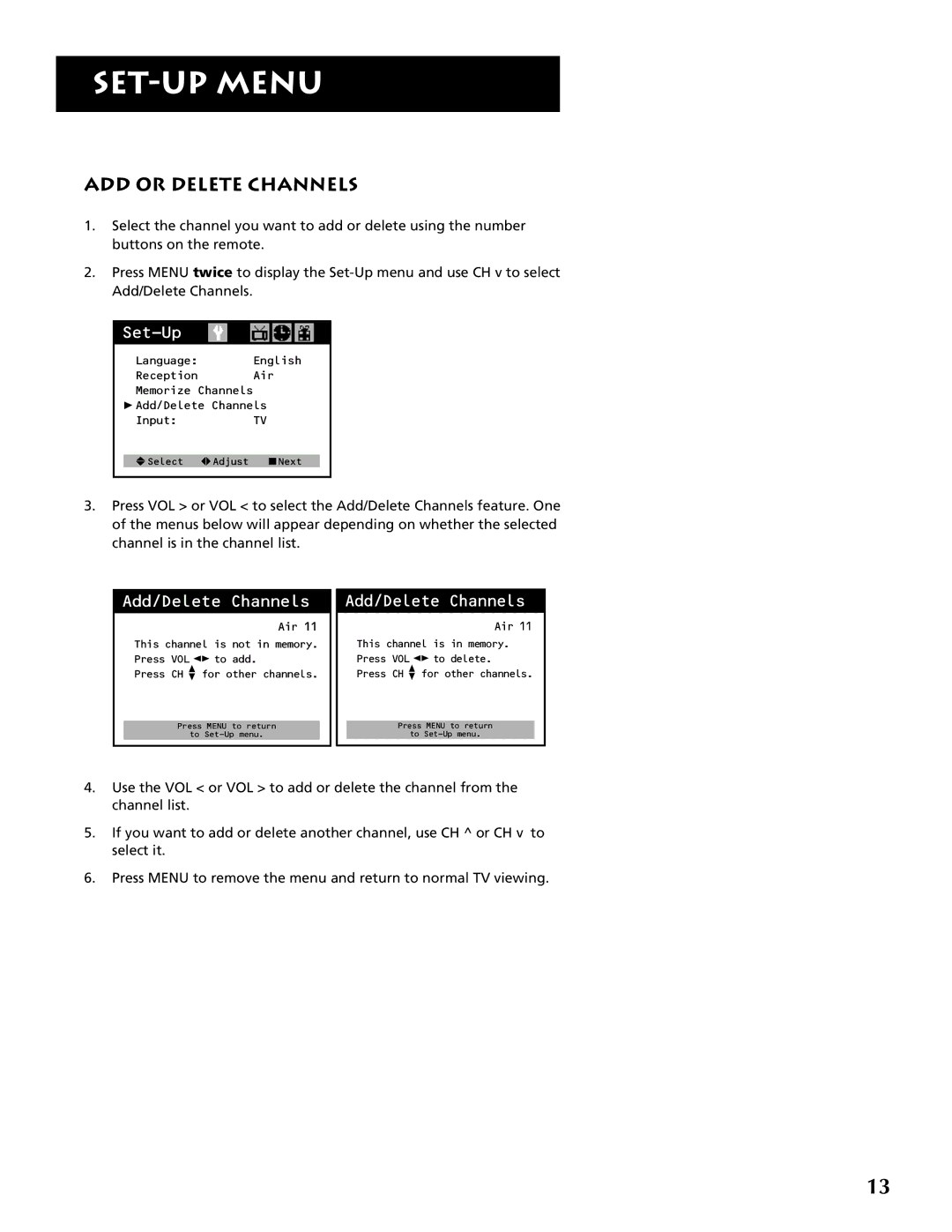 RCA F19430 manual ADD or Delete Channels, Add/Delete Channels 