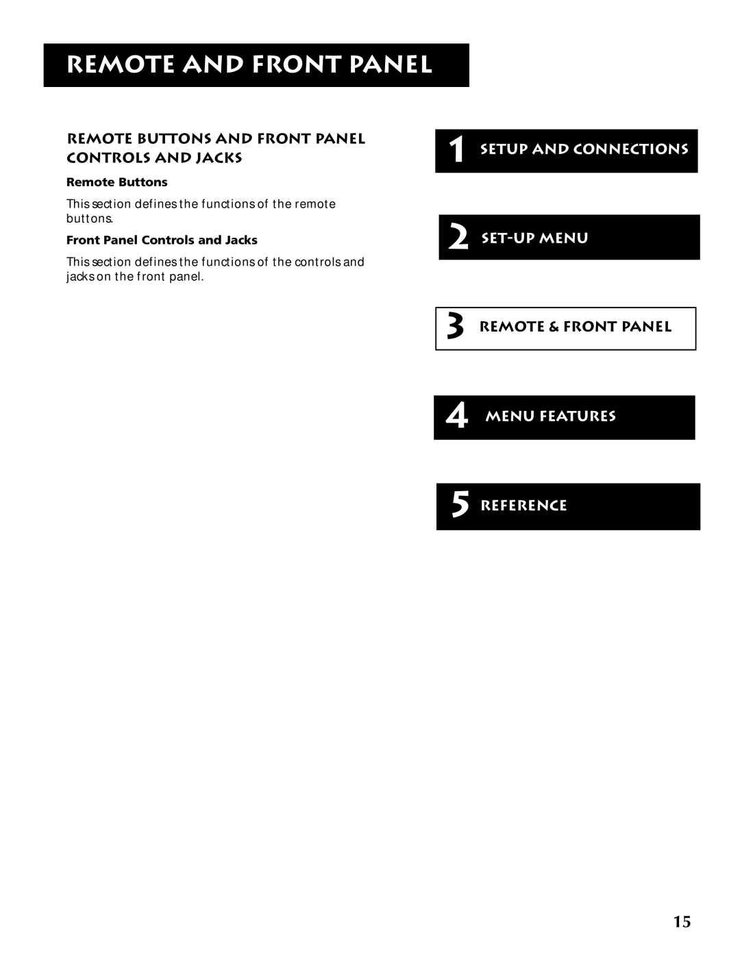 RCA F19430 manual Remote and Front Panel, Remote Buttons and Front Panel Controls and Jacks, Remote & Front Panel 