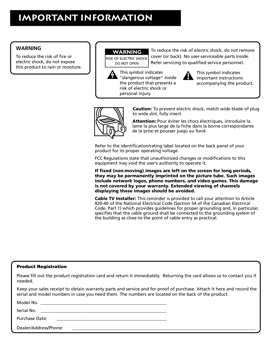 RCA F19430 manual Important Information, Product Registration 