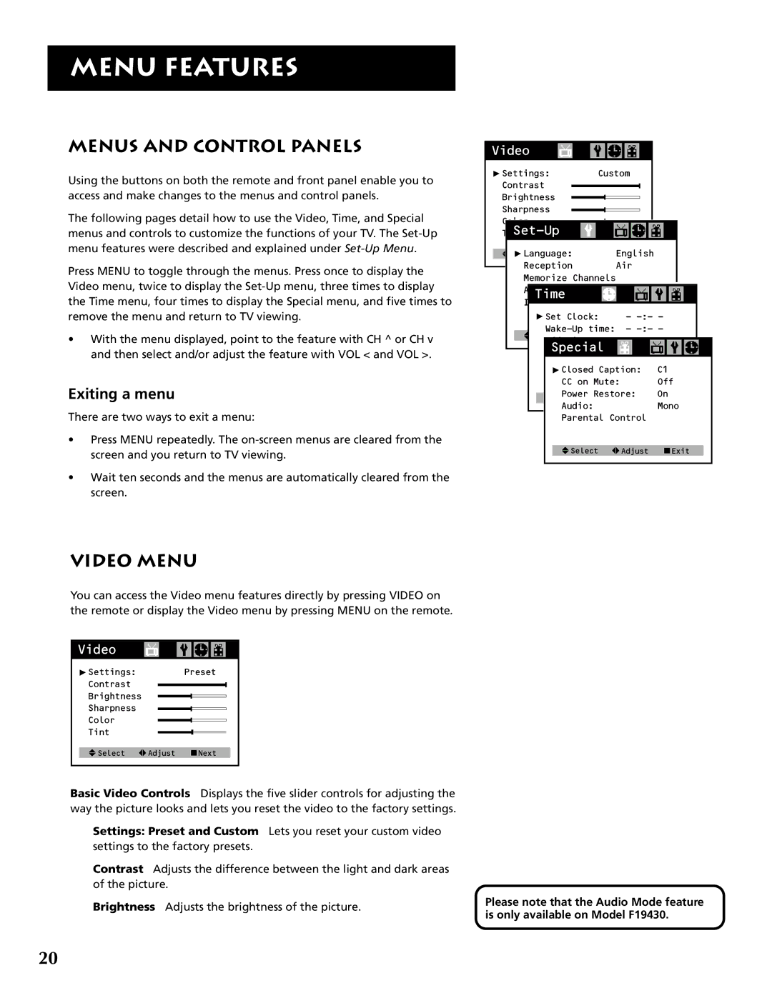 RCA F19430 manual Menus and Control Panels, Video Menu, Exiting a menu 