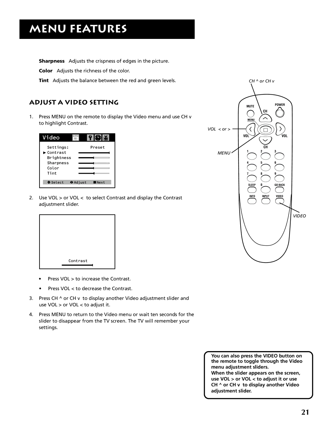 RCA F19430 manual Adjust a Video Setting 