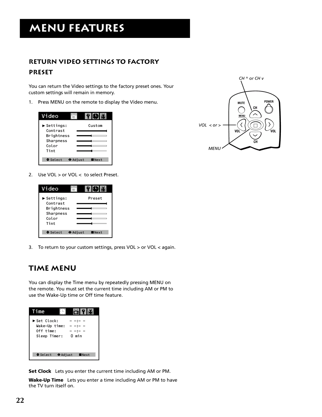 RCA F19430 manual Time Menu, Return Video Settings to Factory Preset 