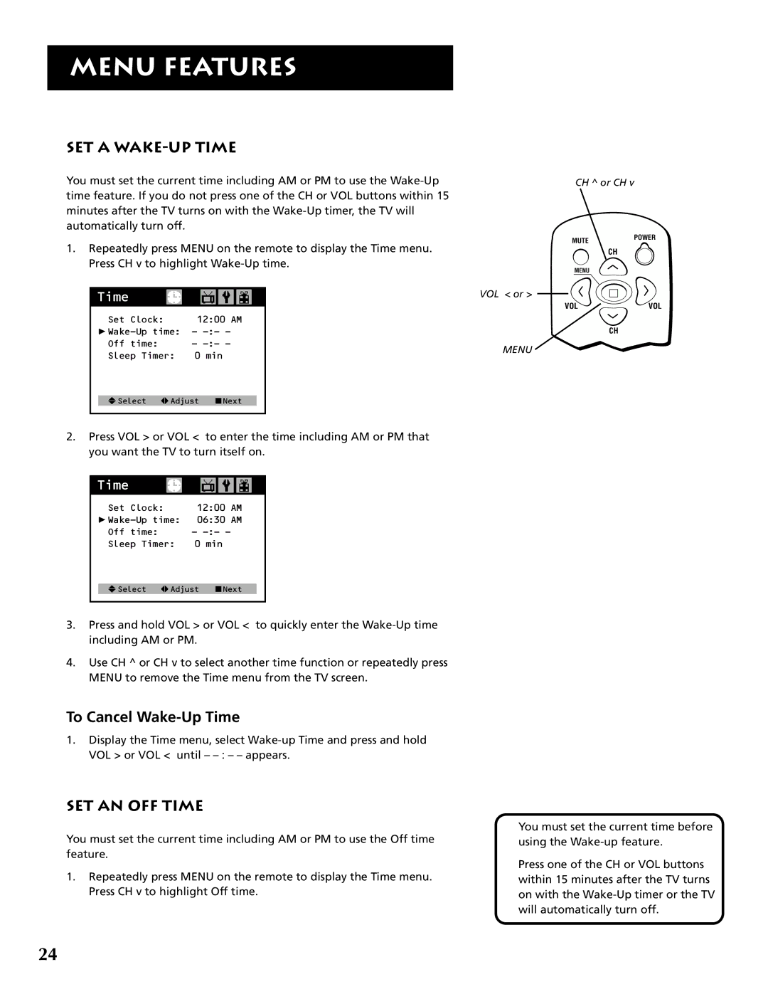 RCA F19430 manual SET a WAKE-UP Time, To Cancel Wake-Up Time, SET AN OFF Time 