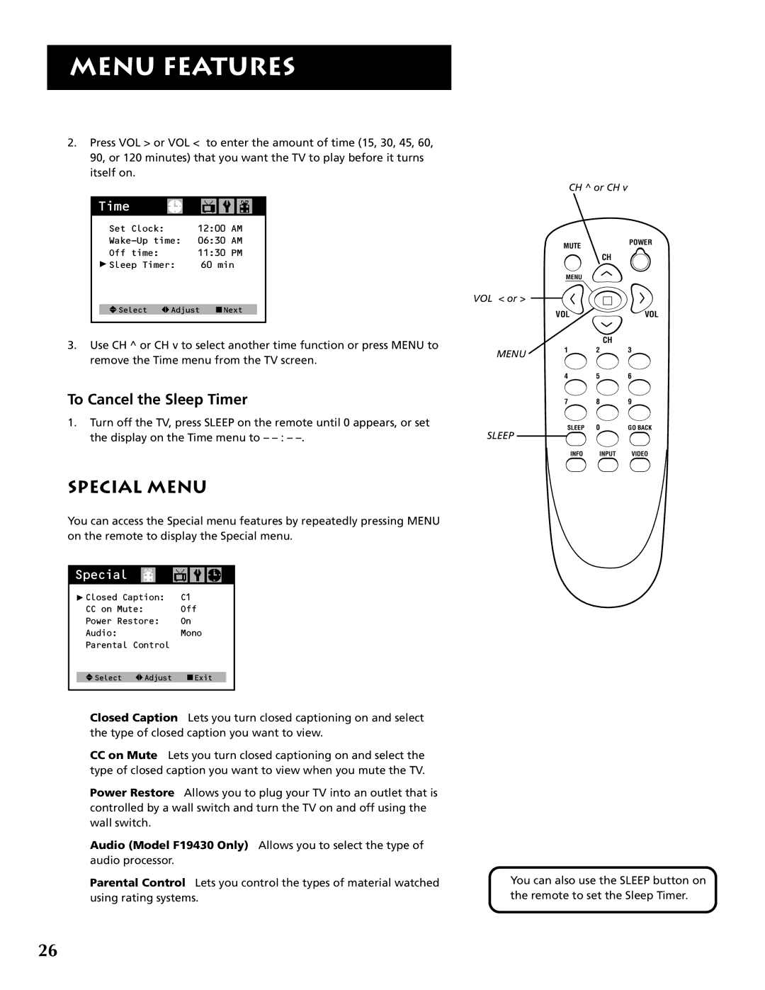 RCA F19430 manual Special Menu, To Cancel the Sleep Timer 