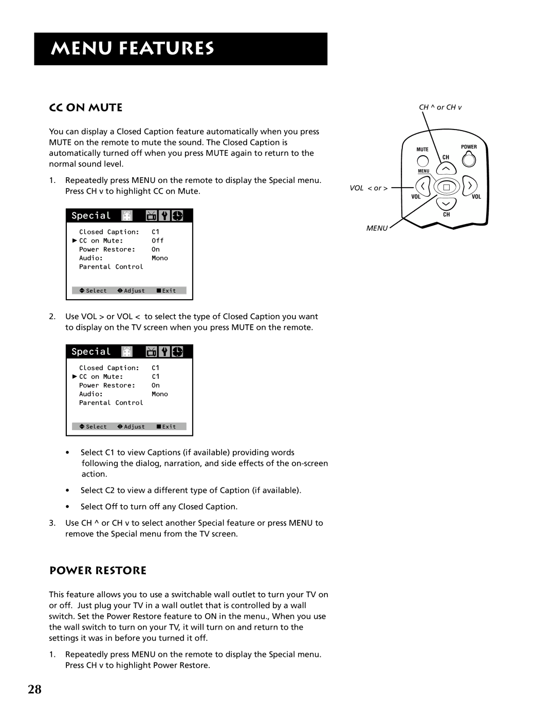 RCA F19430 manual CC on Mute, Power Restore 