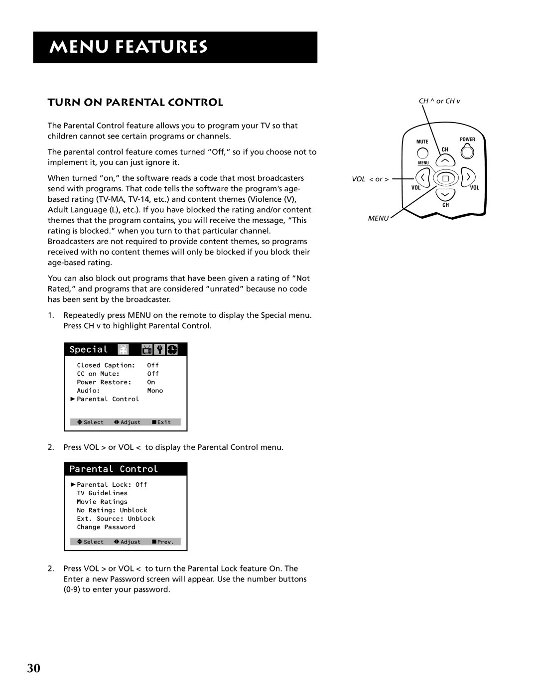 RCA F19430 manual Turn on Parental Control 