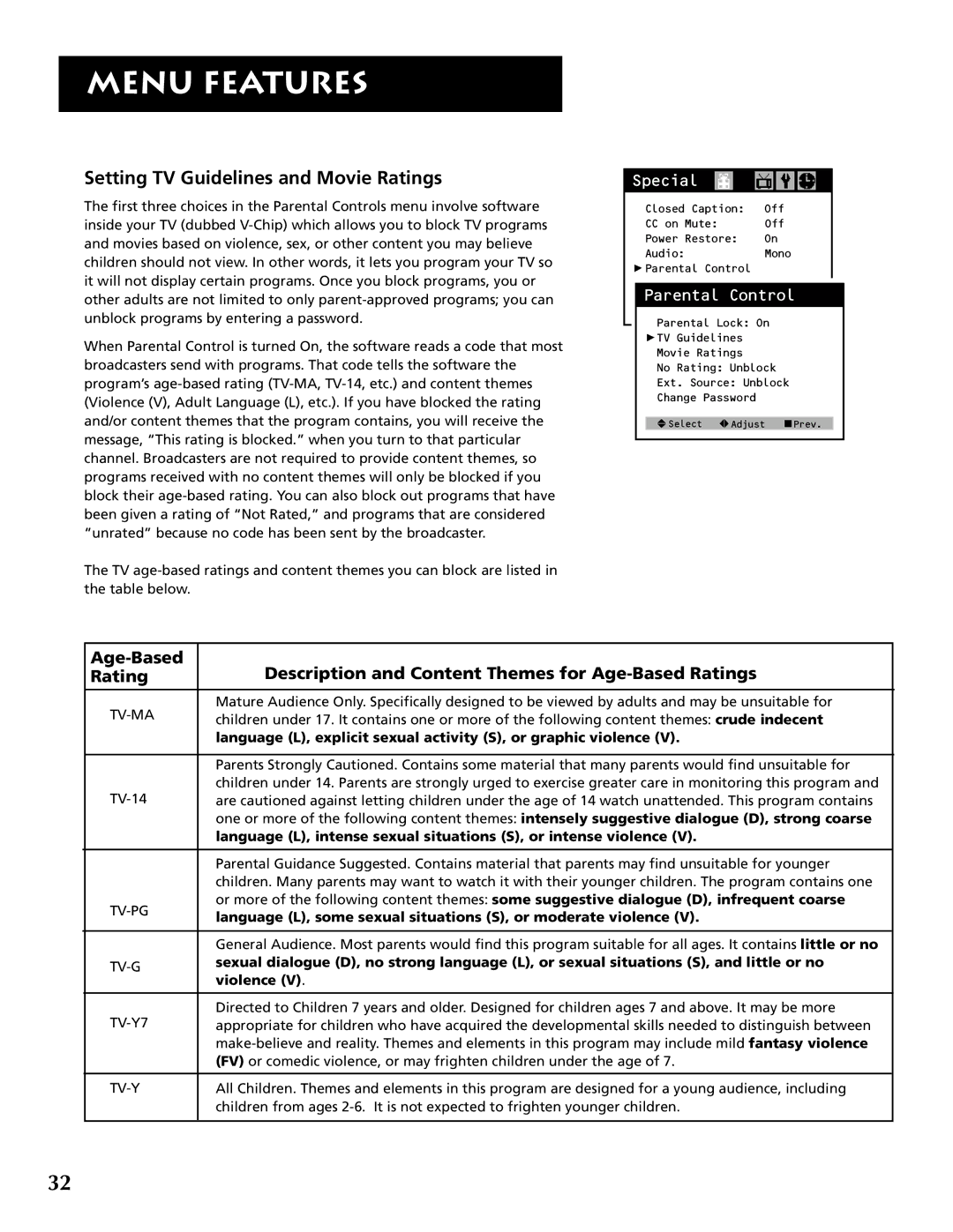 RCA F19430 Setting TV Guidelines and Movie Ratings, Language L, explicit sexual activity S, or graphic violence, Violence 