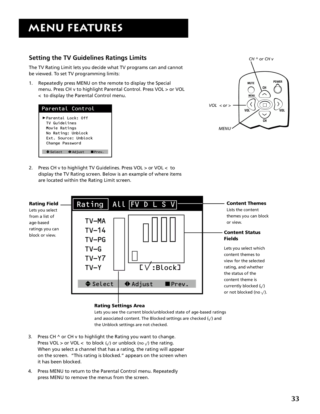 RCA F19430 manual Setting the TV Guidelines Ratings Limits, Rating Field, Content Themes, Content Status Fields 