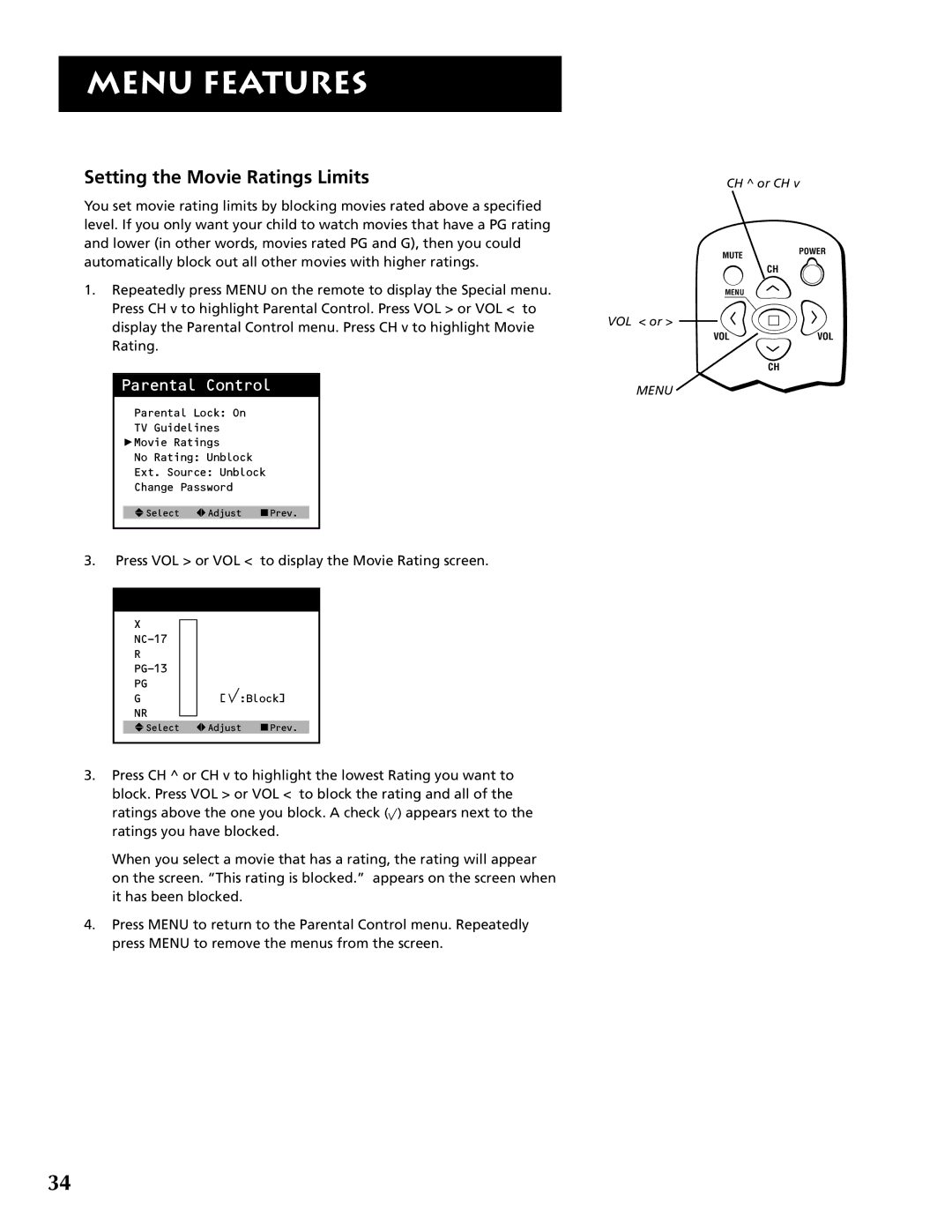 RCA F19430 manual Setting the Movie Ratings Limits 