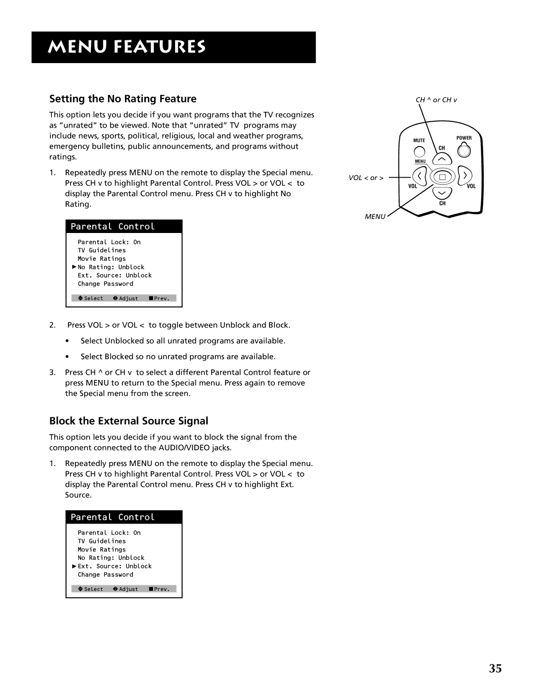 RCA F19430 manual Setting the No Rating Feature, Block the External Source Signal 