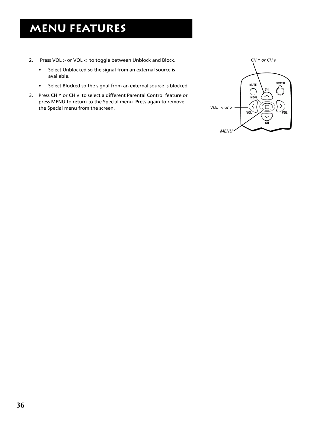 RCA F19430 manual Menu Features 