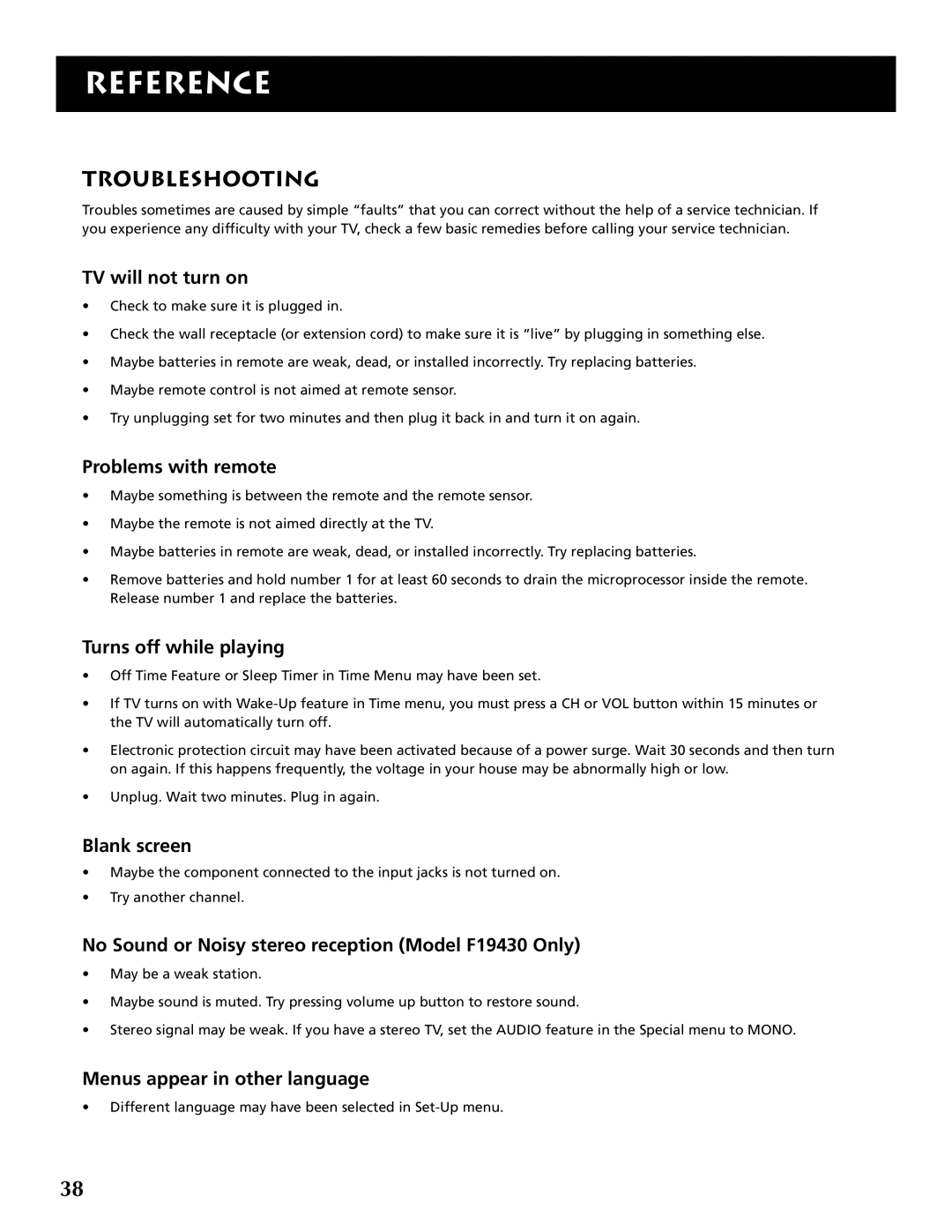 RCA F19430 manual Troubleshooting 