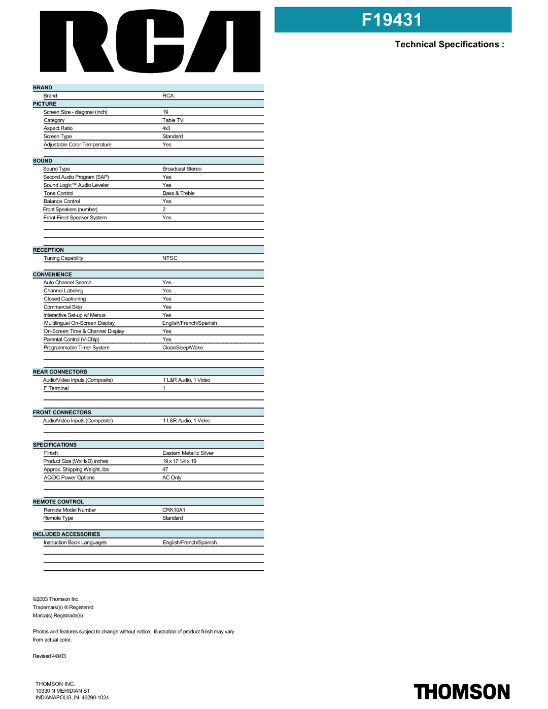 RCA F19431 manual Technical Specifications 