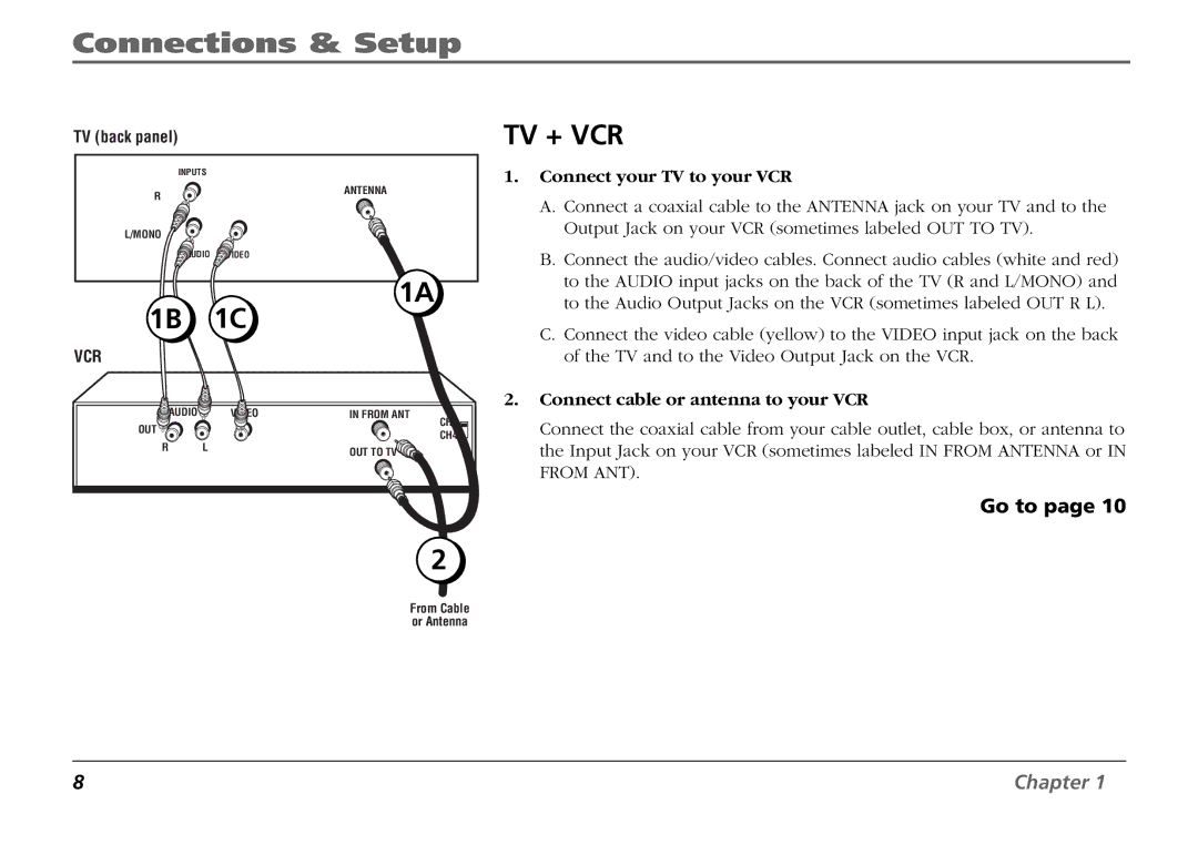 RCA F19431 manual 1B 1C, Connect your TV to your VCR, Connect cable or antenna to your VCR 