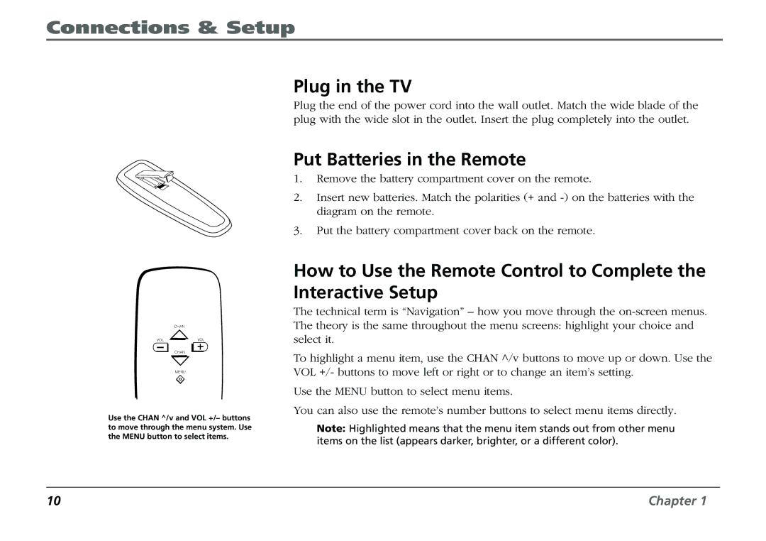 RCA F19431 manual Plug in the TV, Put Batteries in the Remote 