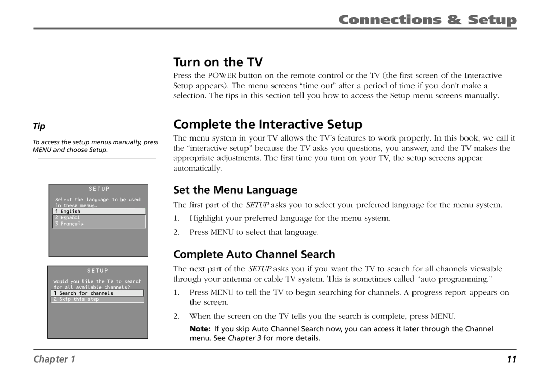 RCA F19431 manual Turn on the TV, Complete the Interactive Setup, Set the Menu Language, Complete Auto Channel Search 