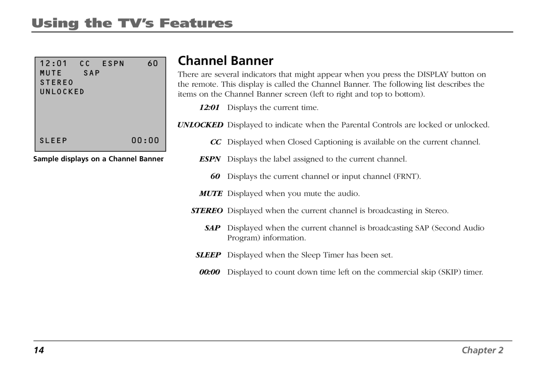 RCA F19431 manual Using the TV’s Features, Channel Banner 