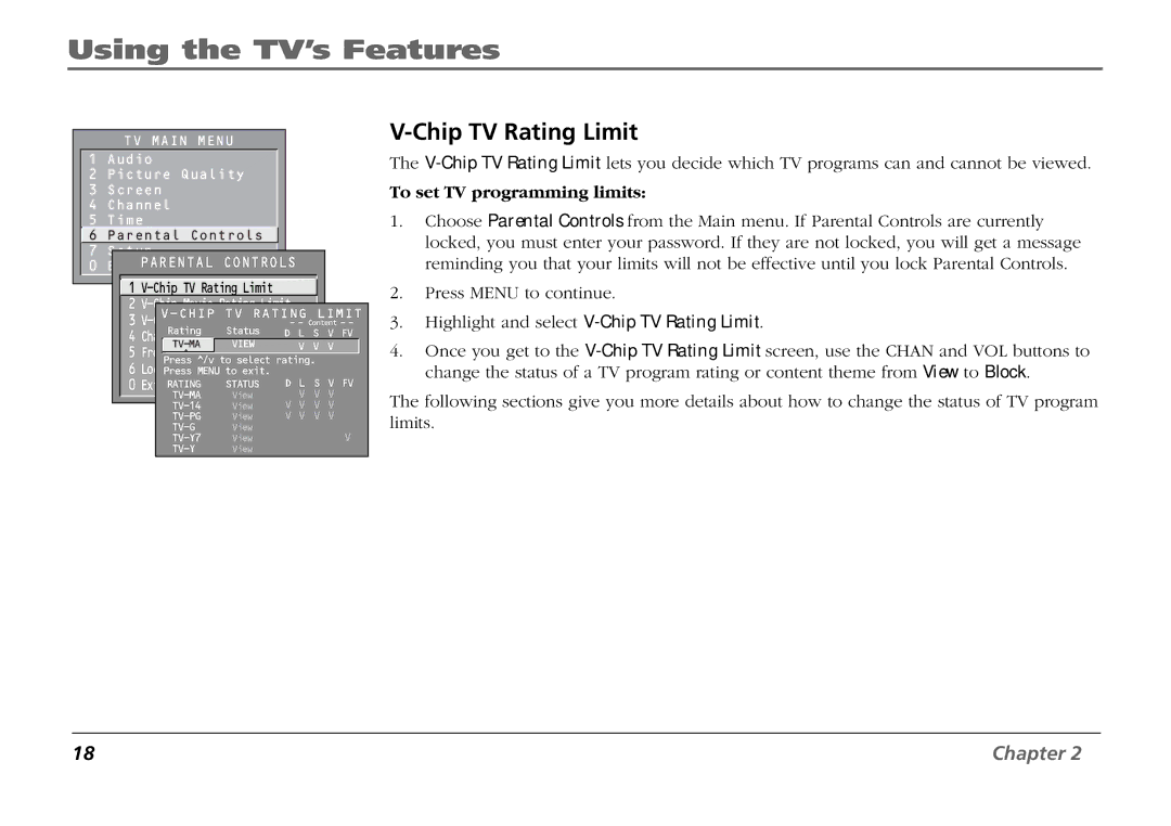 RCA F19431 manual Chip TV Rating Limit, To set TV programming limits 