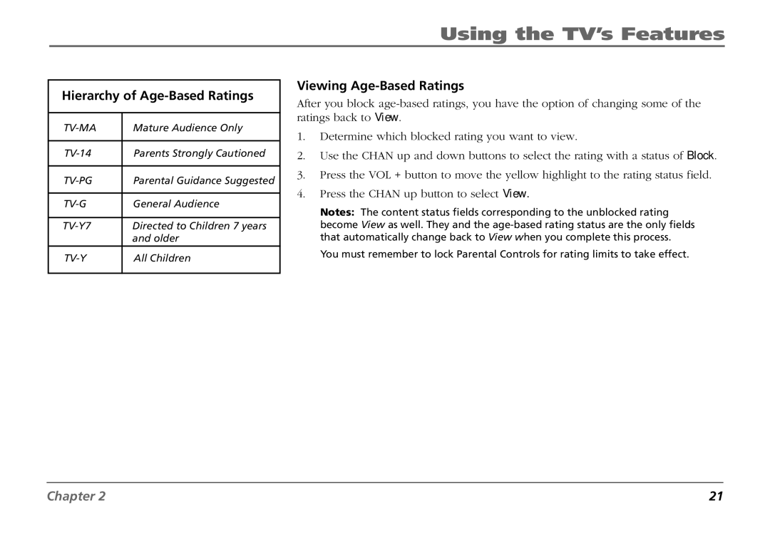 RCA F19431 manual Hierarchy of Age-Based Ratings, Viewing Age-Based Ratings 