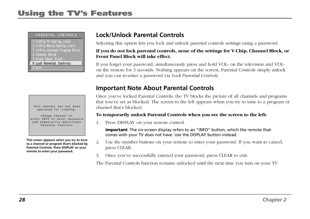 RCA F19431 manual Lock/Unlock Parental Controls, Important Note About Parental Controls 