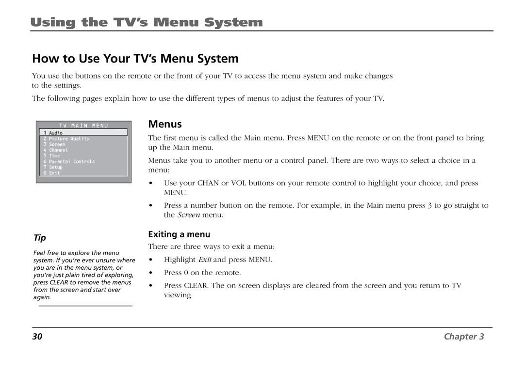 RCA F19431 manual How to Use Your TV’s Menu System, Menus, Exiting a menu 