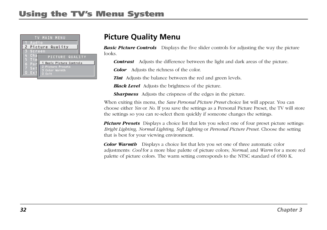 RCA F19431 manual Picture Quality Menu 