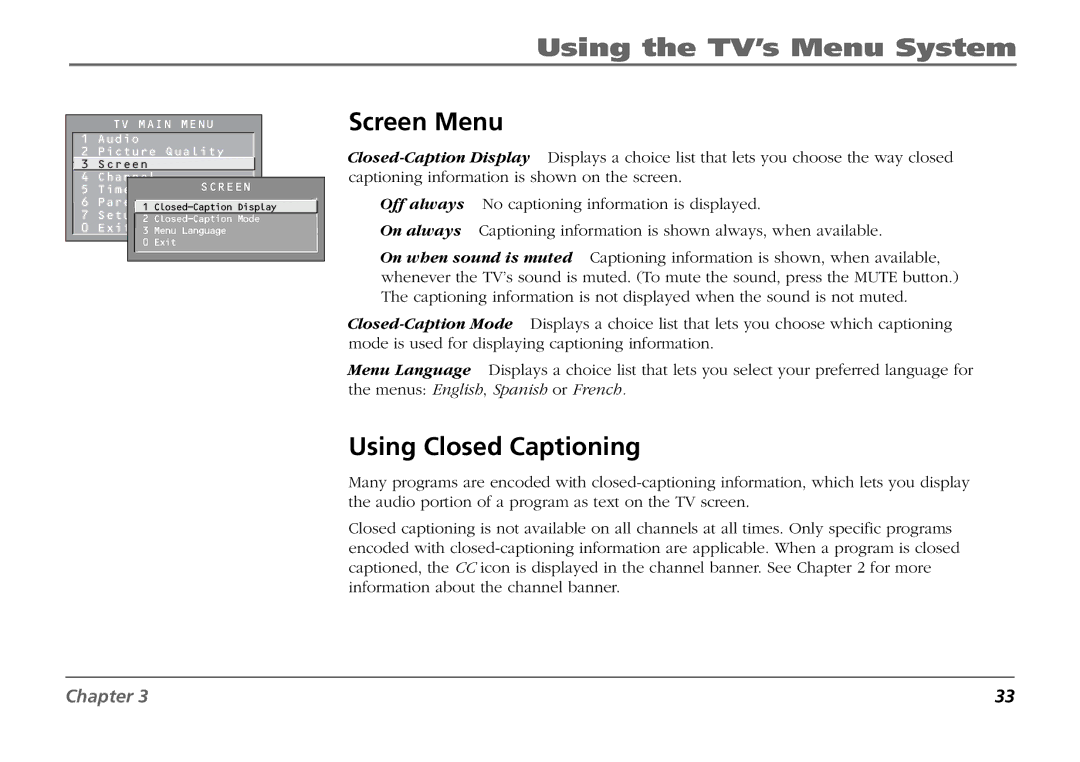 RCA F19431 manual Screen Menu, Using Closed Captioning 