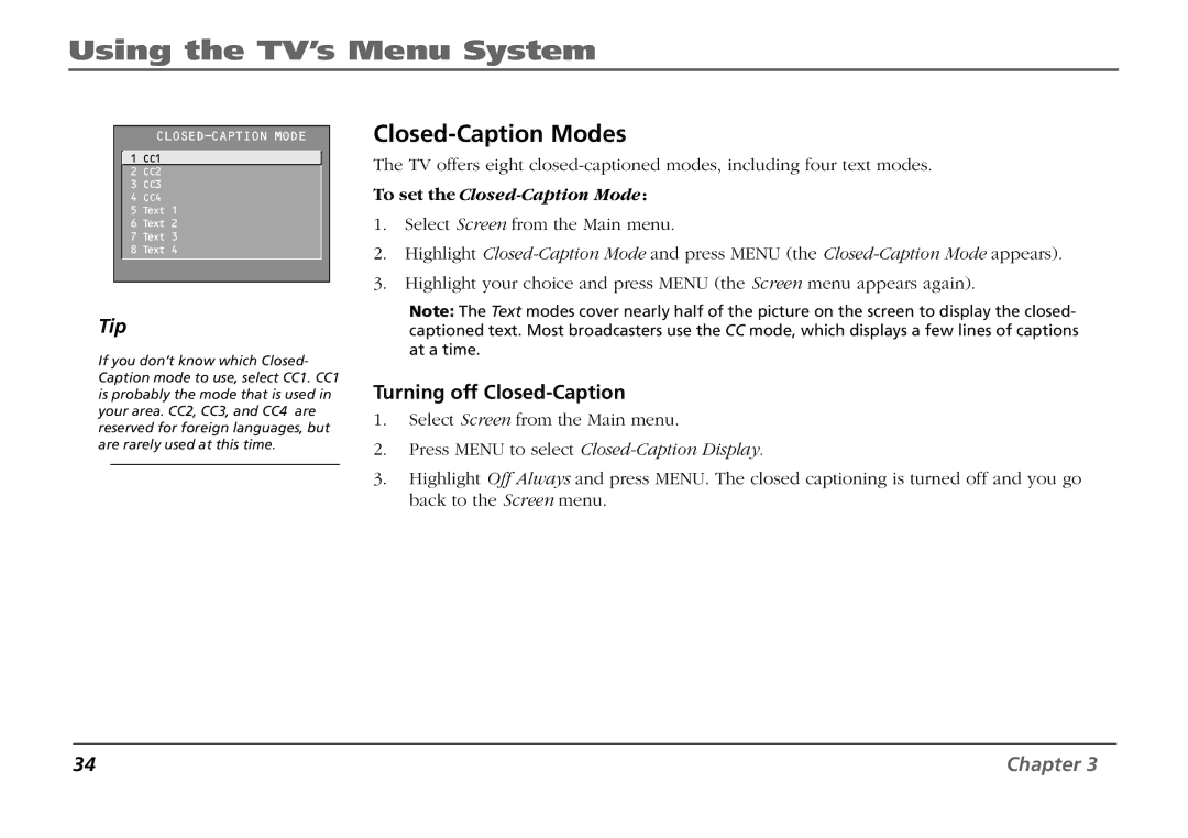 RCA F19431 manual Closed-Caption Modes, Turning off Closed-Caption 