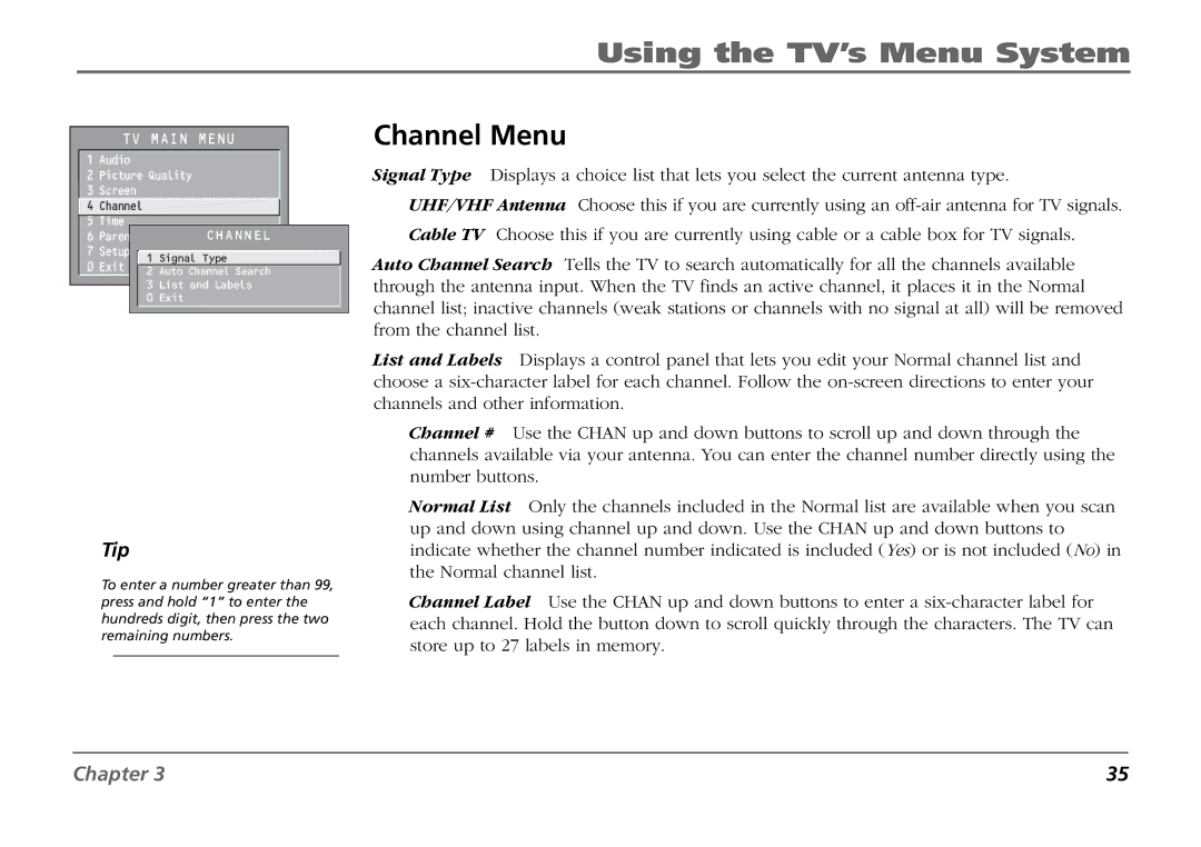 RCA F19431 manual Channel Menu 