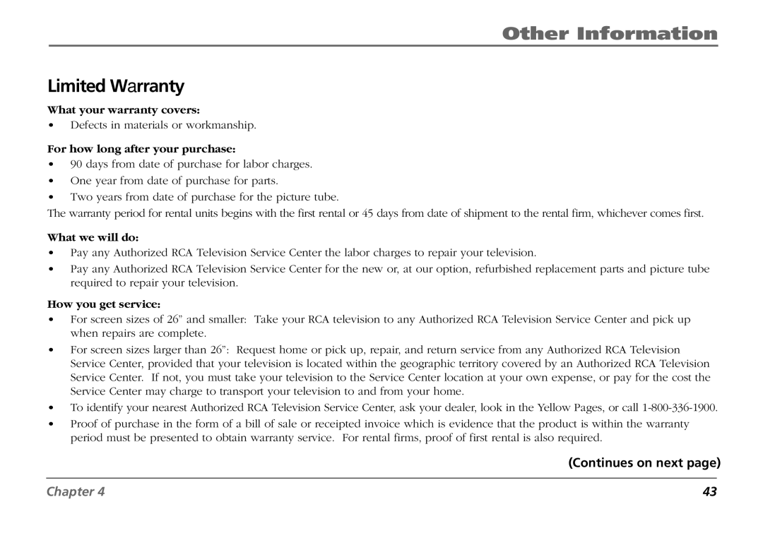 RCA F19431 manual Limited Warranty, What your warranty covers, For how long after your purchase, What we will do 