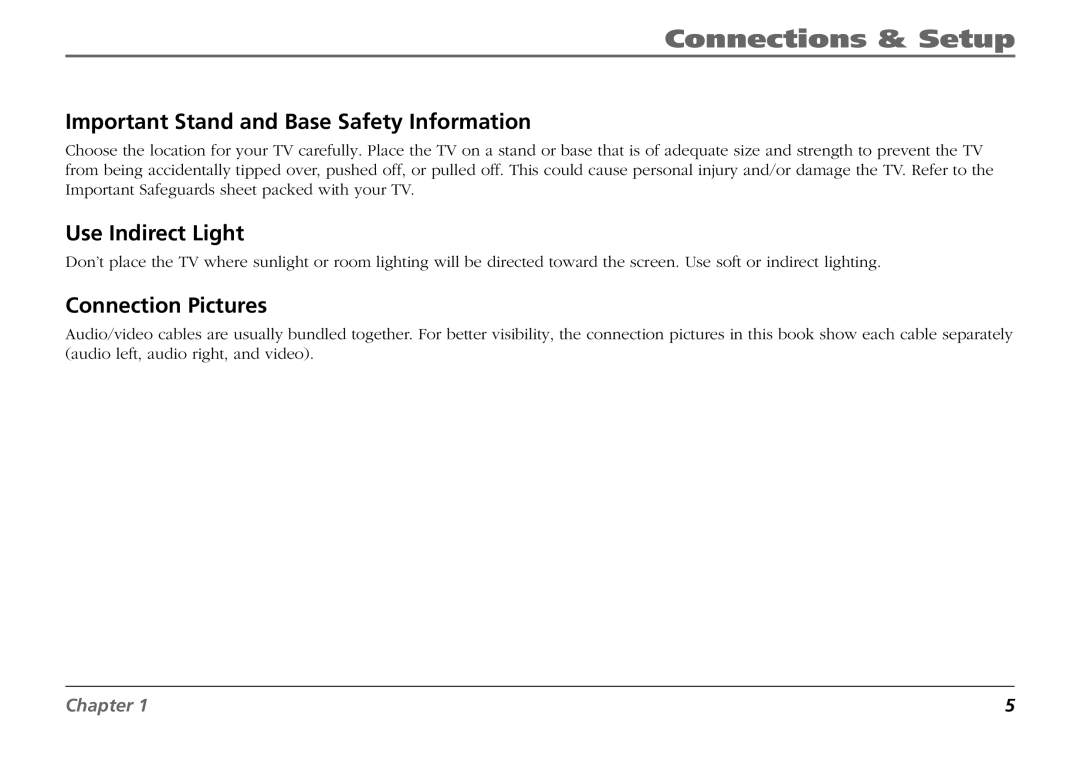 RCA F19431 manual Important Stand and Base Safety Information, Use Indirect Light, Connection Pictures 