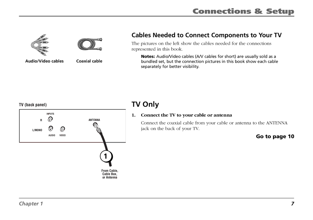 RCA F19431 manual TV Only, Cables Needed to Connect Components to Your TV, Connect the TV to your cable or antenna 