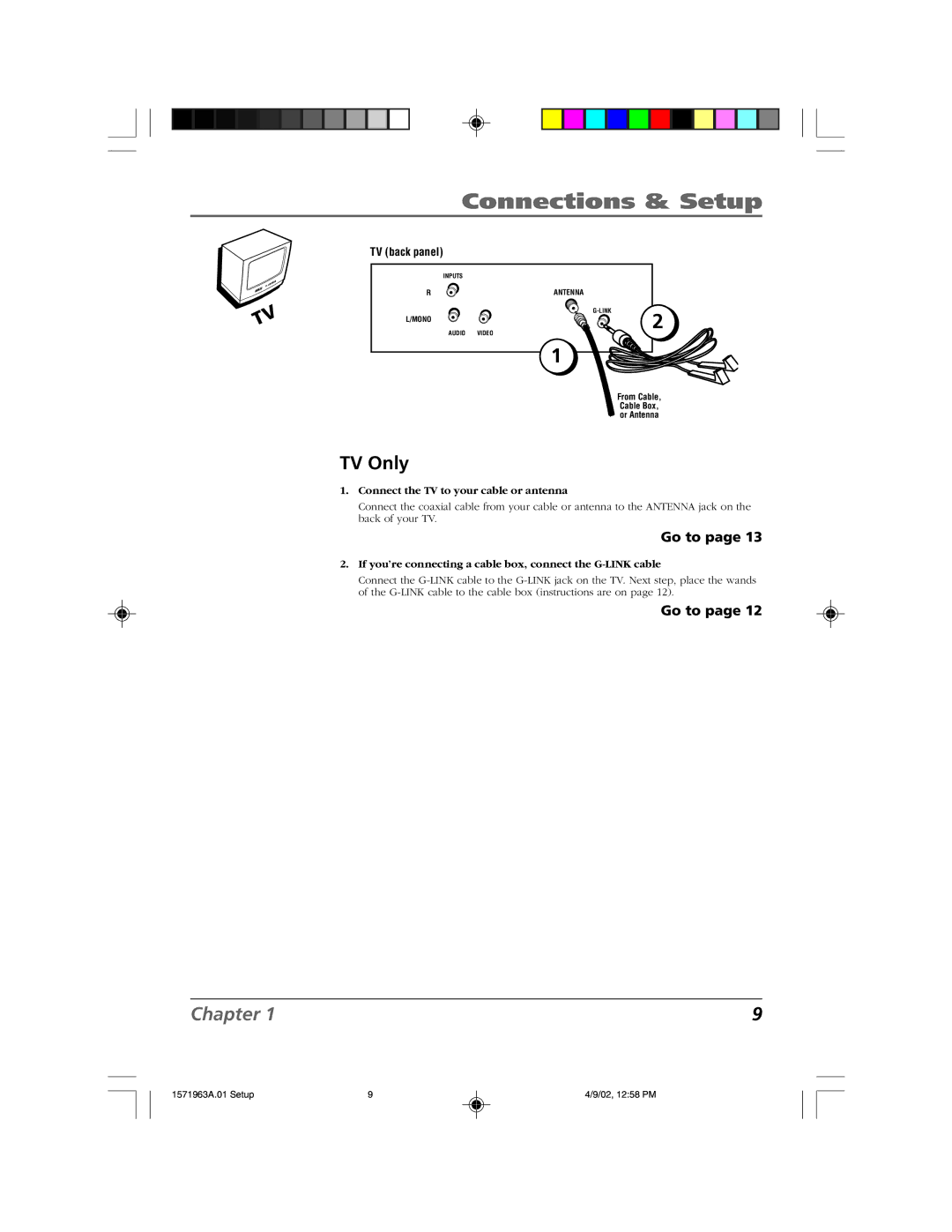 RCA F19436 manual TV Only, Connect the TV to your cable or antenna 