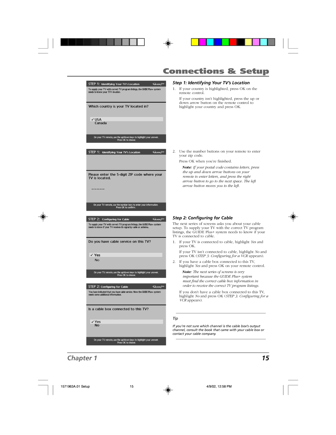 RCA F19436 manual Identifying Your TV’s Location, Configuring for Cable 