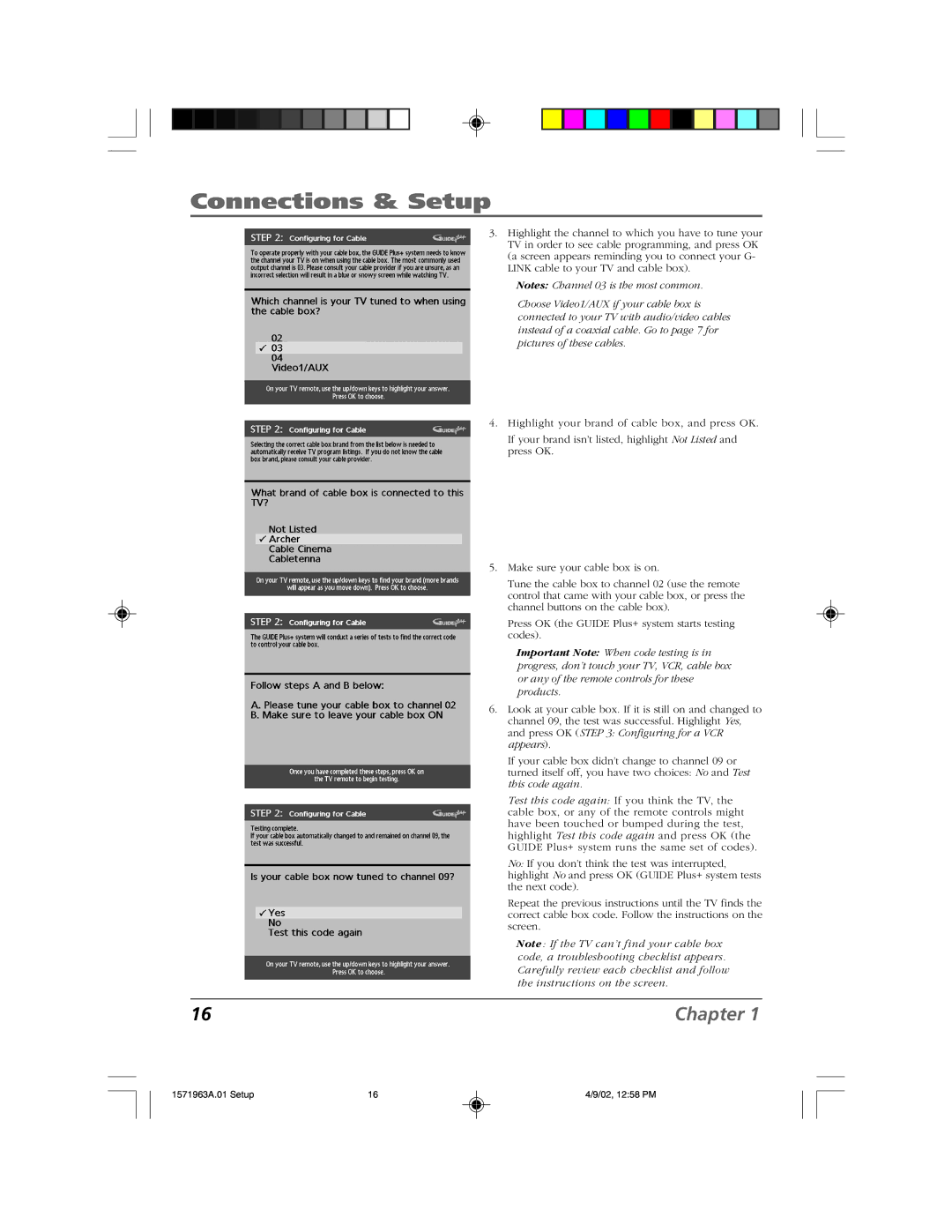 RCA F19436 manual Important Note When code testing is 