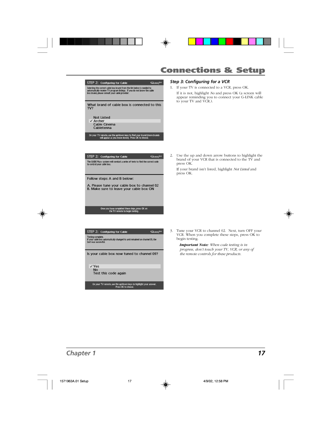 RCA F19436 manual Configuring for a VCR 