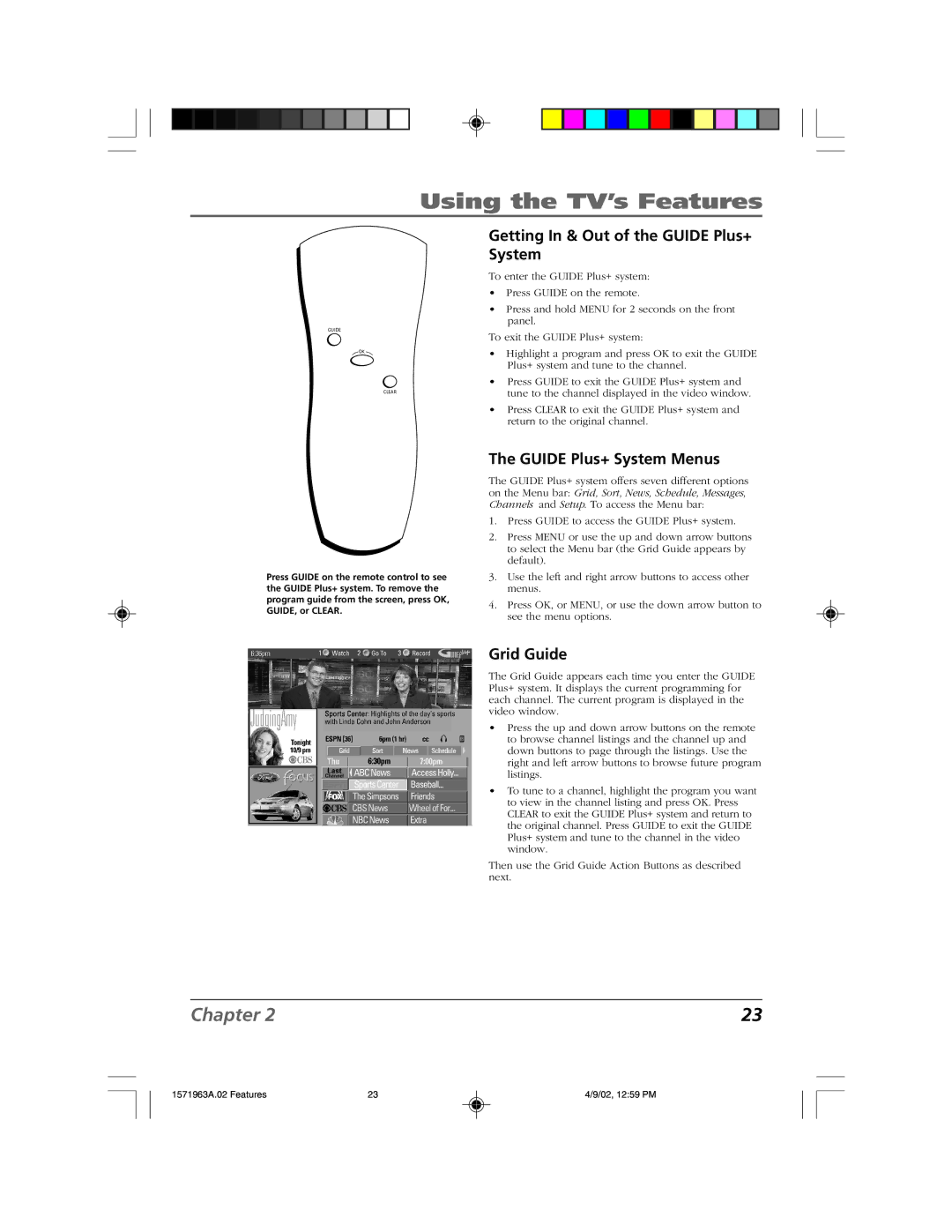 RCA F19436 manual Getting In & Out of the Guide Plus+ System, Guide Plus+ System Menus, Grid Guide 