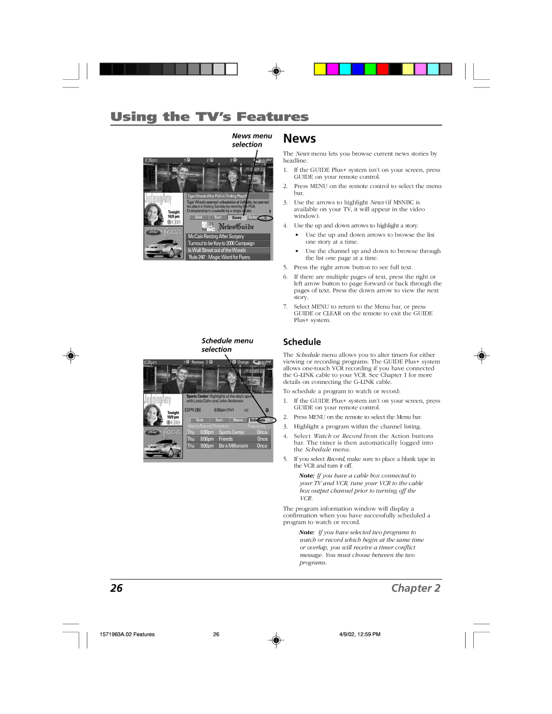 RCA F19436 manual Schedule, News menu 