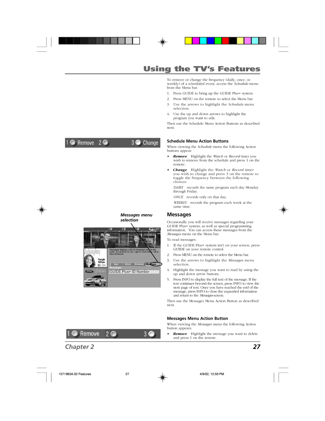 RCA F19436 manual Messages menu selection, Schedule Menu Action Buttons, Messages Menu Action Button 