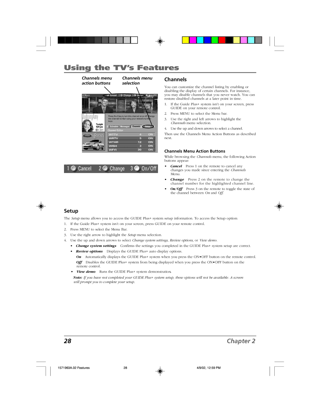 RCA F19436 manual Setup, Channels menu, Action buttons Selection, Channels Menu Action Buttons 