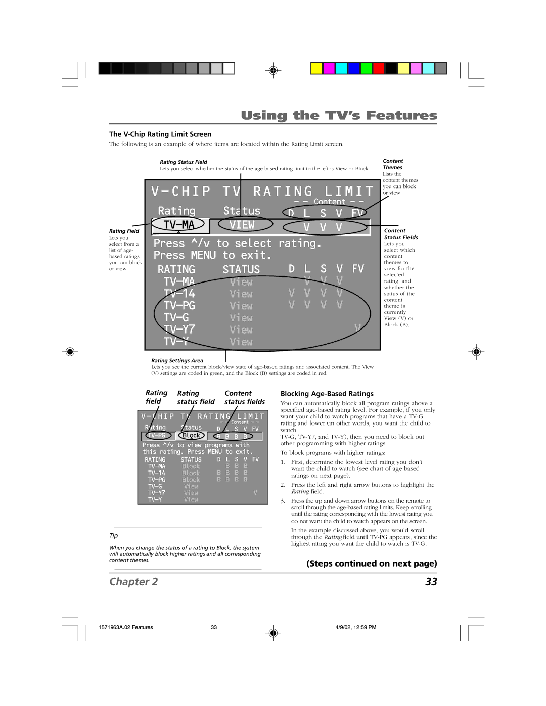 RCA F19436 manual V-Chip Rating Limit Screen, Rating Content Field Status field, Blocking Age-Based Ratings 