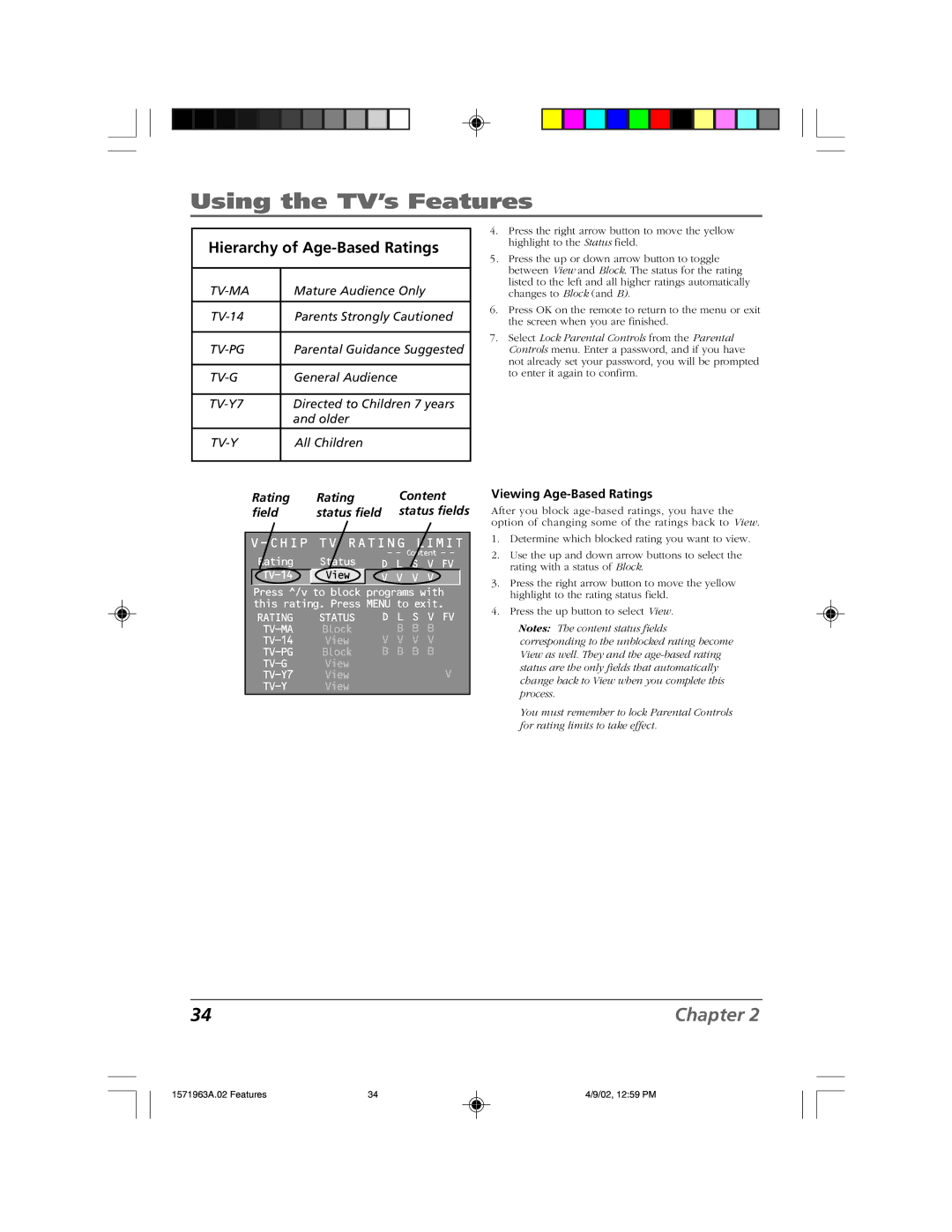 RCA F19436 manual Hierarchy of Age-Based Ratings, Viewing Age-Based Ratings 