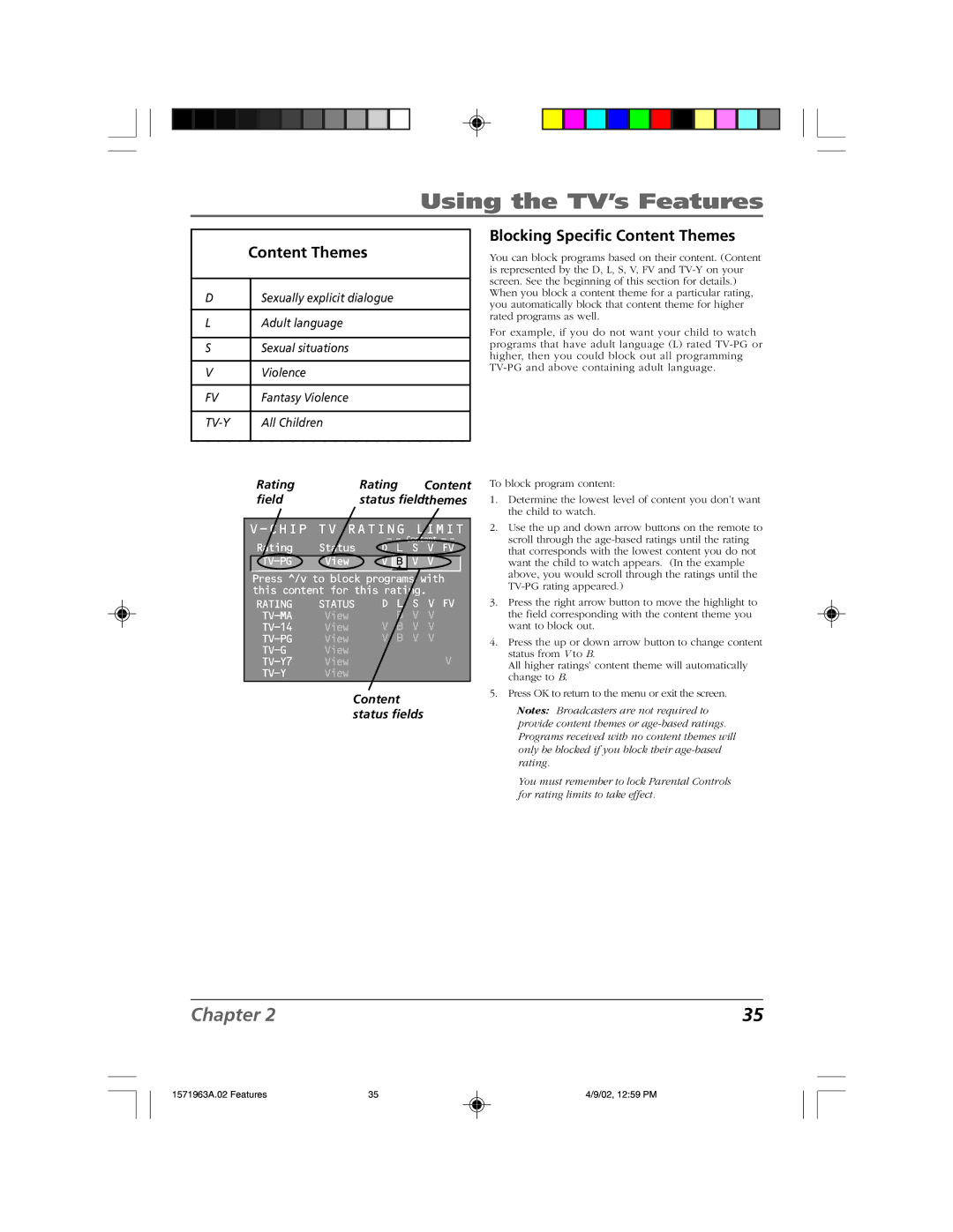 RCA F19436 manual Blocking Specific Content Themes, Rating, Content status fields 