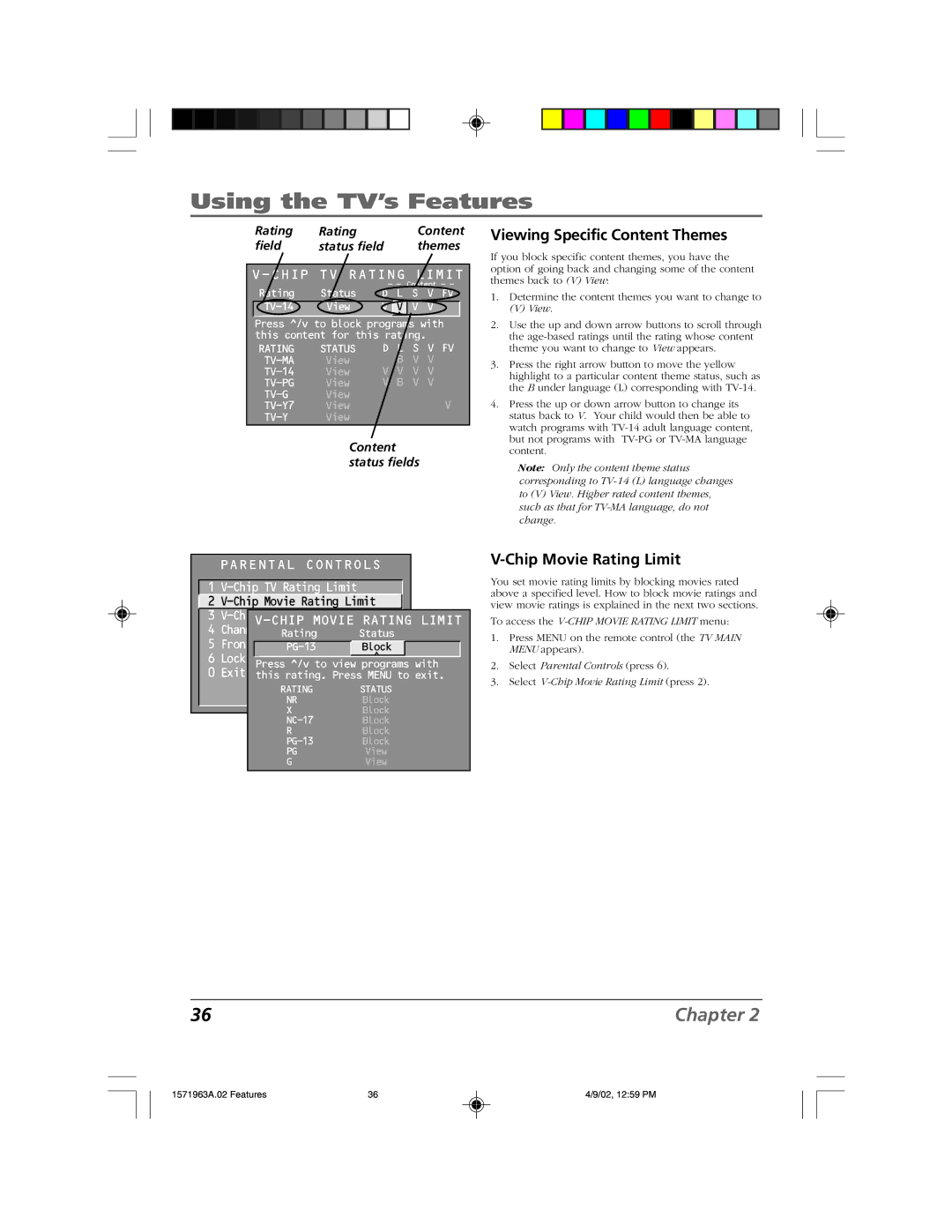 RCA F19436 manual Viewing Specific Content Themes, Chip Movie Rating Limit, Field Status field Themes 